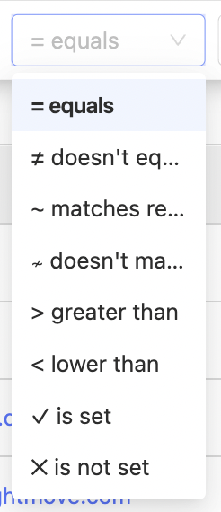 query list for a numeric property lists equals, doesn't equal, matches regex, doesn't match regex, greater than, lower than, is set, and is not set